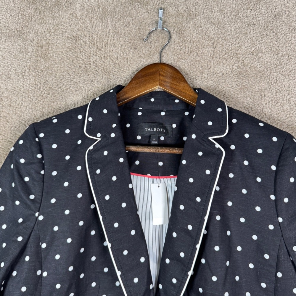 Talbots Blazer Womens 12 Black Polka Dot Linen Jacket Nautical Anchor Button NEW - Picture 6 of 13